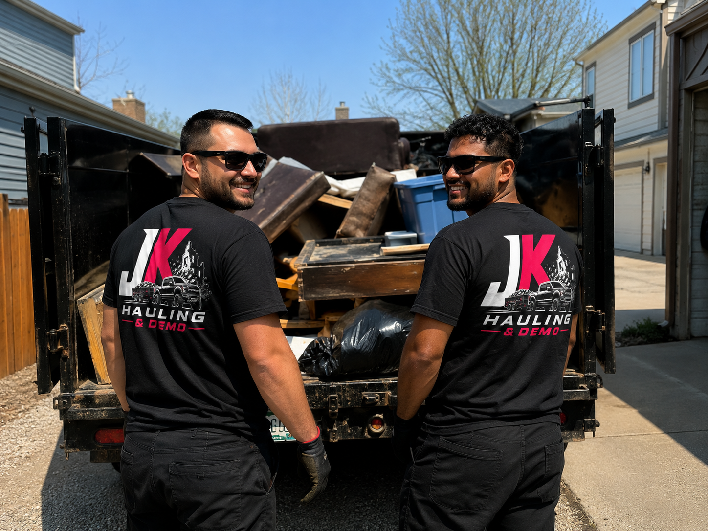 JK Hauling crew loading furniture and debris into a truck during a property cleanout